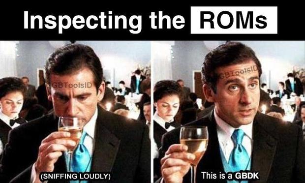 two panel meme image of Michael Scott character from the office sniffing a glass of wine with the text: INSPECTING THE ROMS. Left panel: (SNIFFING LOUDLY). Right panel: THIS IS A GBDK