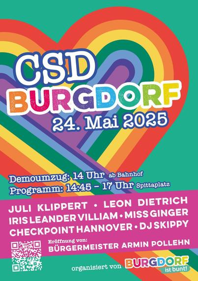 Sharepic und Programm für den CSD am 24.5. in Burgdorf. Start ab 14 am Bahnhof, weiter auf dem Spittaplatz