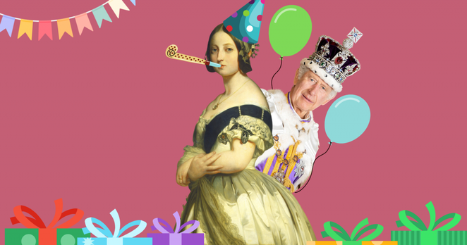 Image humoristique sur fond rose montrant une peinture de la jeune Reine Victoria portant un chapeau de fête et un sifflet de célébration. Derrière elle, le Roi Charles III en habits de couronnement, tenant deux ballons colorés. Des guirlandes festives sont suspendues en haut, et plusieurs cadeaux emballés apparaissent en bas de l’image. Ambiance humoristique de fête royale.