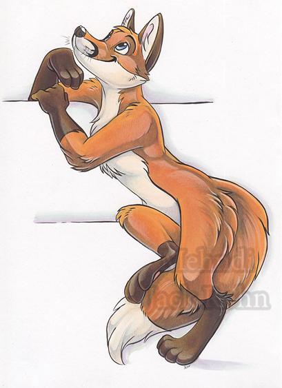An orange fox sitting and looking upward. His right hand is under his chin and his left arm is across him on a white space bench. One leg is tucked up and the other is down.