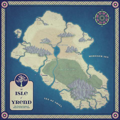 A fantasy map illustration showing an island named Yrend.