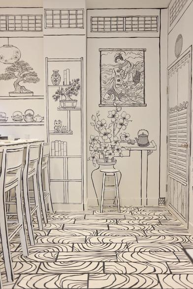 a restaurant all in black-and-white with line-drawn details on every surface so that it appears like a living 2D drawing