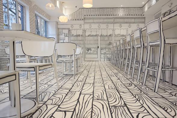 a restaurant all in black-and-white with line-drawn details on every surface so that it appears like a living 2D drawing