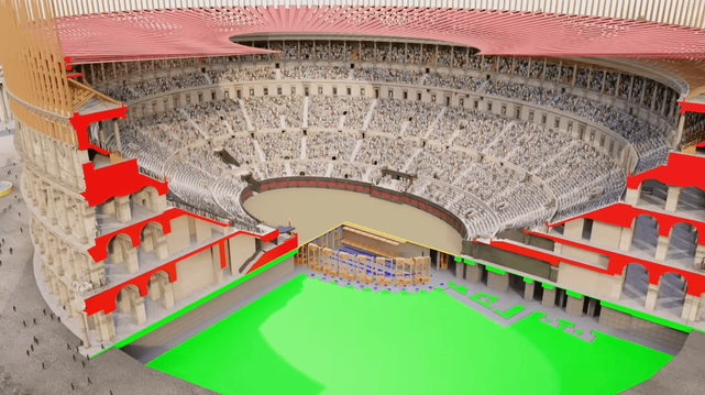 A cross-section illustration of the Roman Colosseum showing its filled seating area, red-orange canopy system, and underground "Hypogeum" with wooden lift mechanisms highlighted in a magnified inset.