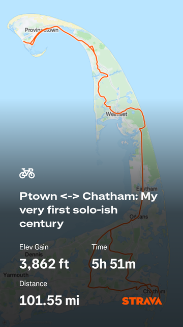 A map showing a bike activity from Proincetown to Chatham and back, with 101.55 miles.
