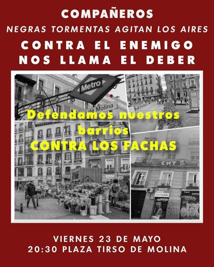 👨🏾‍🤝‍👨🏿⬛ El próximo 23 de mayo de 2025 a las 20:00h hay convocada una manifestación de fascistas que acabará en la plaza Tirso De Molina; en esta manifestación piden la deportación inmediata de las personas inmigrantes.

Nos dirigimos a las personas, que vivan o habiten Lavapiés y resto de barrios obreros, que no estén de acuerdo con esta consigna para que puedan tomar las medidas que consideren necesarias.

El problema no es la inmigración sino el racismo.

DEFIENDE TU BARRIO

#NoAlRacismo
#MADRID
#TirsodeMolina
#Lavapies