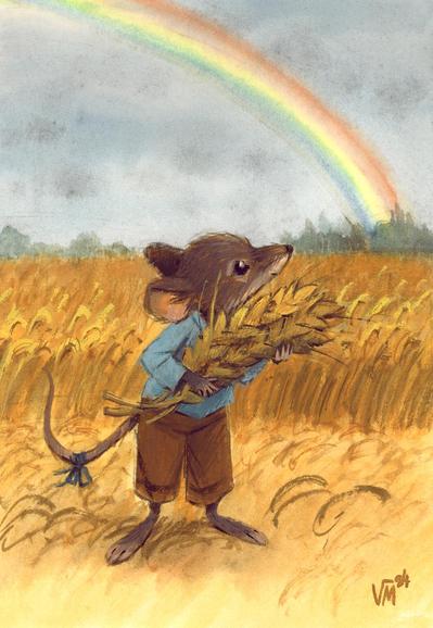Gouache painting of a mouse holding wheat with a field and a rainbow in the background. By Victoria Maderna.