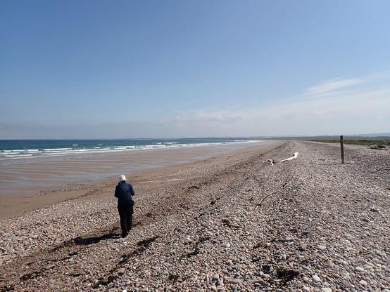 Mrs Spaceways strolling along a pebble beach that stretches for miles. Quiet here today. Nice and sunny by afternoon.