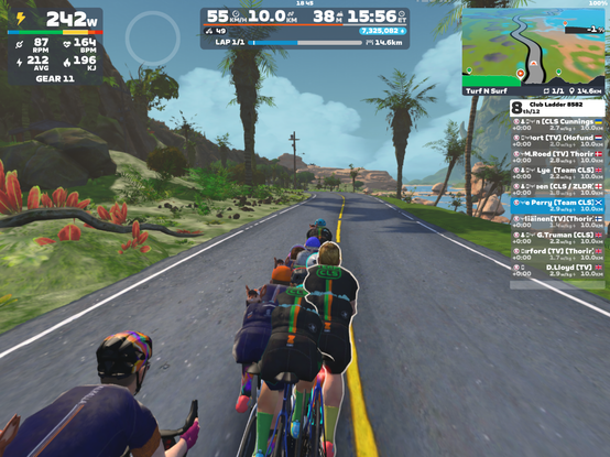 Screenshot from Zwift, cyclists avatars ride through a tropical oriental landscape in formation.