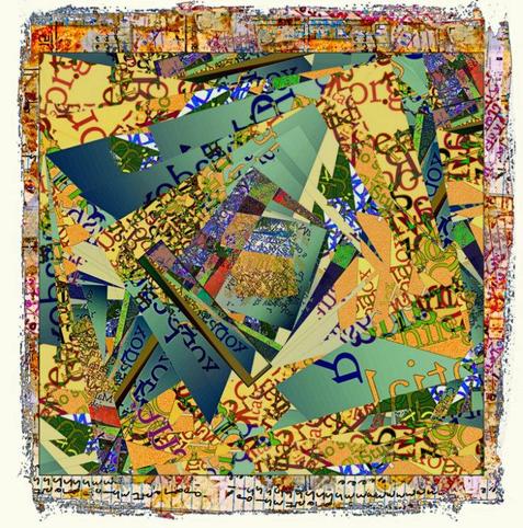 Kaleidoscopic pattern of repeating pieces of text in various sizes, bright colours, backgrounds, and style