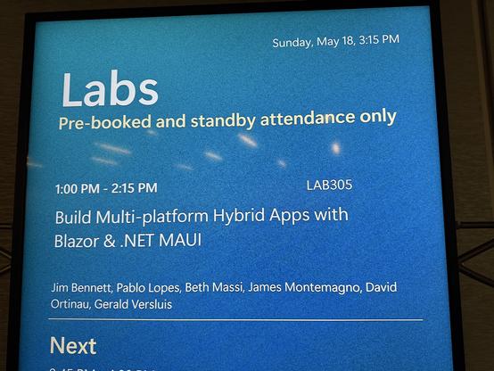 The sign outside the lab room with all the details of a lab titled: Build Multi-platform Hybrid Apps with Blazor & .NET MAUI