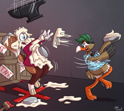 Duino D. Duck absolutely pummeling Toon Emi with pies, pushing her towards a painted red X on the floor and a bunch of crates of TNT. An Anvil is falling down from above, about to strike her.