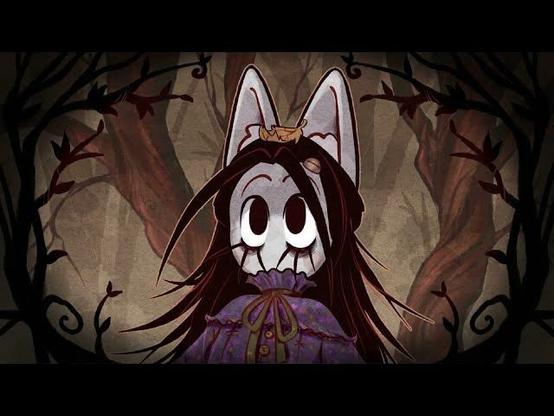 A girl with no mouth sits in a foggy wood. The trees behind her are bare and twisted. A dried leaf has fallen on her; she's looking up at it, startled.