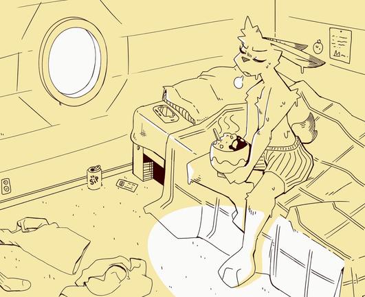 rabbit sitting on a bed in their underwear, and holding a bowl of curry. The rabbit is seating a little and looks exhausted. There's a small round window on the wall shining into the room, as well as assorted clothes and assorted objects around the small room.