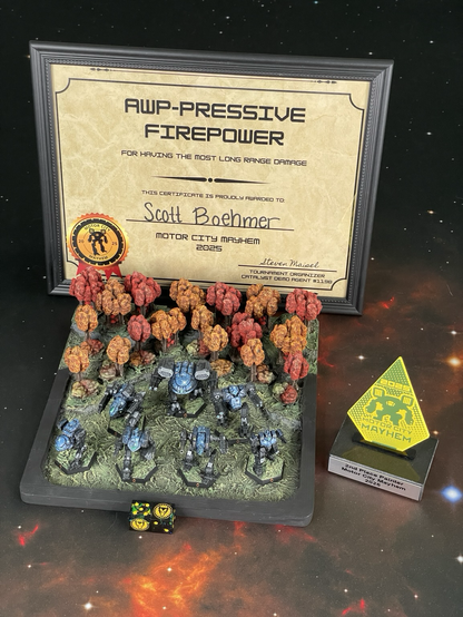 A picture of my Clan Nova Cat force with a trophy for 2nd place painting and a certificate for most long range damage
