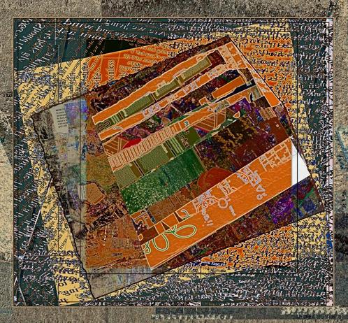 The deep colours and sharp edges of the asemic text and writing emulates old books use of text for bookplates and frontpieces. The outer edge resembles a burnished metal photo frame.