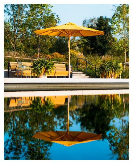 Ein gelbes Sonnenschutzschirm steht über einer Bank auf einer Terrasse, umgeben von grünen Pflanzen. Der Schirm bietet Schatten, während die Ruhe des Wassers im Vordergrund das Bild reflektiert. Im Hintergrund sind Bäume und strauchartige Pflanzen sichtbar, die eine gemütliche Umgebung schaffen. Die Farben sind lebhaft und das Licht zeigt einen klaren, blauen Himmel, was die entspannende Atmosphäre verstärkt.