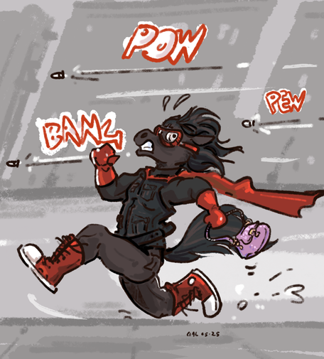 digital art by me (no ai) of nightmare the anthro black furred horse w a forehead star marking of an inverted cross is fleeing. he's dressed in his usual black and red superhero gear of a tactical vest, really really tall red converse all stars, ski goggles and a red cape. he's holding a pink purse in one fist and gritting his teeth in distress as from behind him bullets fly... nana was packin heat