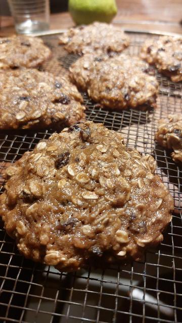 Foto mostra cookies de aveia com passas sobre uma grade para resfriar.