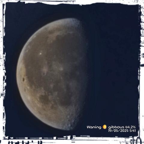 The image shows a close-up view of the Moon against a dark background, likely the night sky. The Moon is in a waning gibbous phase, with 64.2% of its surface illuminated. The right side of the Moon is in shadow, while the left side is brightly lit, revealing its craters and surface details. The image has a textured border, giving it a vintage or artistic appearance. In the bottom right corner, there is text that reads "Waning 🌖 gibbous 64.2% 19/05/2025 5:41," indicating the phase, percentage of illumination, date, and time the photo was taken.

Provided by @altbot, generated privately and locally using Ovis2-8B

🌱 Energy used: 0.180 Wh