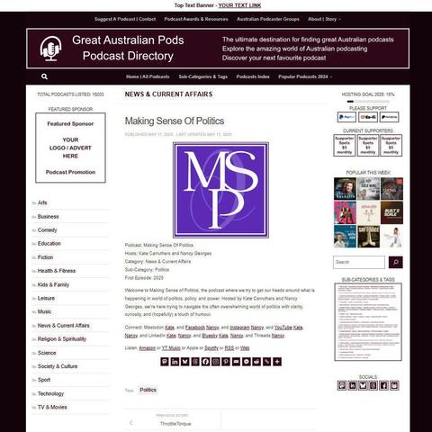 Making Sense Of Politics
Screenshot of the podcast listing on the Great Australian Pods website