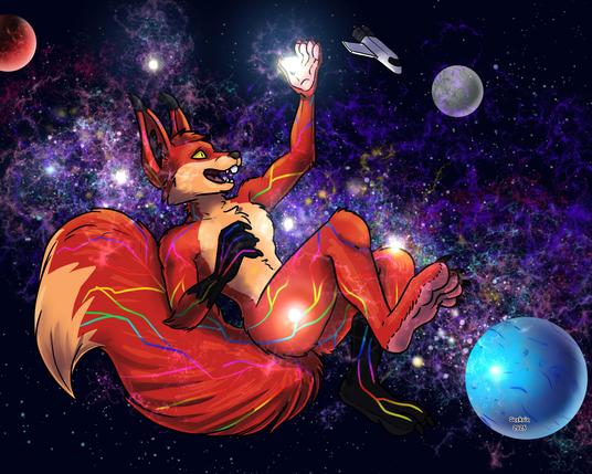A gigantic firrox frolicking in a stellar nursery shows off a newly igniting star to some friends in a spaceship