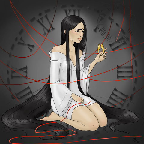 east asian woman with red strings across the image and time faces in the background, she is wearing a short white dress with long wide sleeves and holding a pair of gold scissors, her hair is very long and trailing across the ground she is sitting on