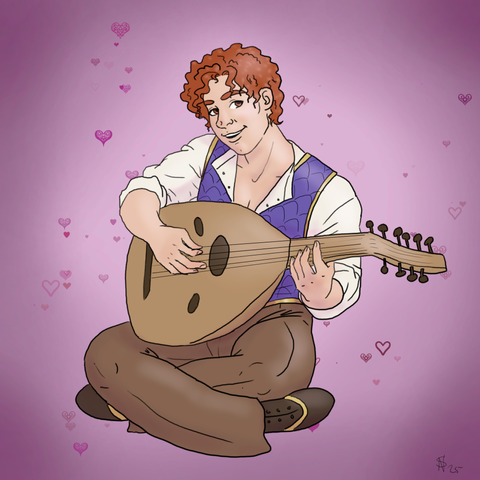 a white red headed curly haired man man playing a lute, he is smiling and sitting cross legged