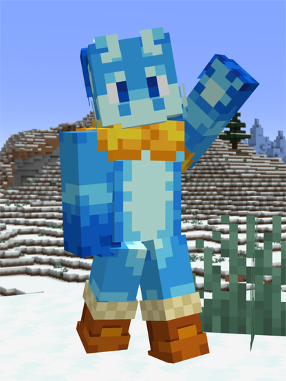 A Minecraft character in a snowy biome. He is a cyan-colored furred dragon with big ears at the back, dark paws and bright stripes around the paws. He is wearing a yellow back draped scarf and fluffy brown boots.