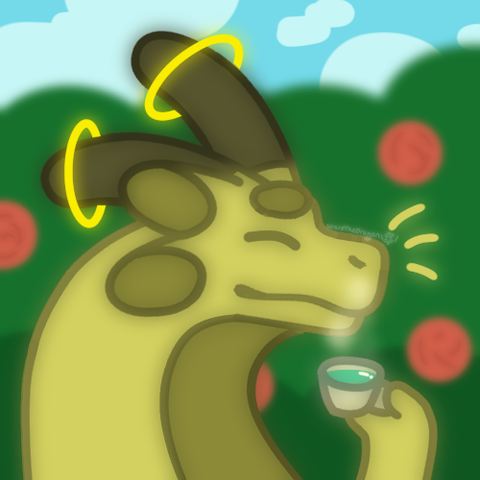 a drawing of a yellow colored dragon smelling some tea from a cup in their hand