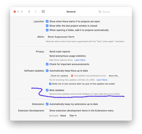 A screenshot of the Nova General Settings window, highlighting the checkbox to opt in to beta updates.