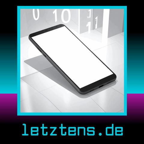 3D-Darstellung eines schwarzen Smartphones mit weissem Display, das schräg auf einer glänzenden, gefliesten Oberfläche liegt. Im Hintergrund sind digitale Zahlen wie 0, 1 und 10 sowie geometrische Strukturen sichtbar. Der Bildrahmen ist türkisfarben, darunter befindet sich der Schriftzug "letztens.de" in einer futuristischen, türkisfarbenen Schrift auf schwarzem und violettem Farbverlauf.