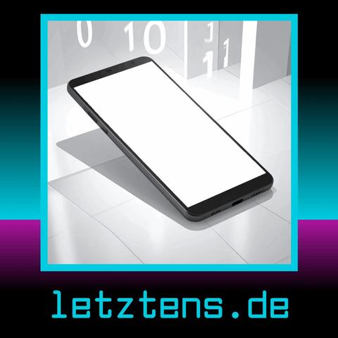 3D-Darstellung eines schwarzen Smartphones mit weissem Display, das schräg auf einer glänzenden, gefliesten Oberfläche liegt. Im Hintergrund sind digitale Zahlen wie 0, 1 und 10 sowie geometrische Strukturen sichtbar. Der Bildrahmen ist türkisfarben, darunter befindet sich der Schriftzug "letztens.de" in einer futuristischen, türkisfarbenen Schrift auf schwarzem und violettem Farbverlauf.