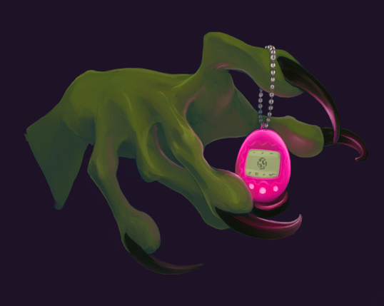 A spidery green hand with long claws holding a tamagotchi