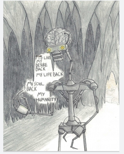 Pencil sketch by Reddit user u/LittleGreenCharacter of a comically-thin bipedal cyborg, with a transparent brain-case and all-metal body, walking dejectedly into a cavern from a nearby entrance. This is Han-Tyumi, the Confused Cyborg

He speaks lyrics from the song "Han-Tyumi":

I'd like my desire back
My life back
My soul back
My humanity