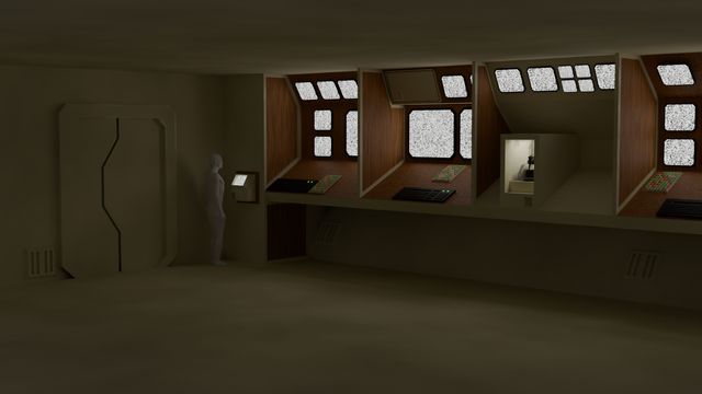 A sci fi control room. 
Beige walls, floor and ceiling. Wooden panels with many screens glowing with static.
Several keyboards in black, or red/green.
A human-for-scale stand at the back, staring into a static-filled screen.