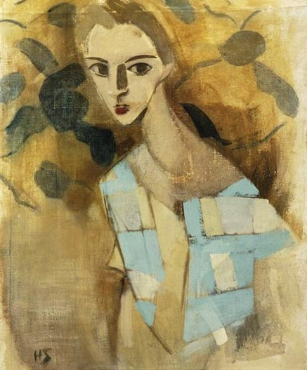 An Expressionist portrait. A young woman peers earnestly out at the viewer, her face in the upper center. She has an elongated neck, a necklace, and a dress of blue and cream that is represented almost as a gridwork image. Her face is pointed, almost triangular, and her features are broken into component parts. Behind her, against a buff background, are black/gray images reminiscent of flowers or leaves.