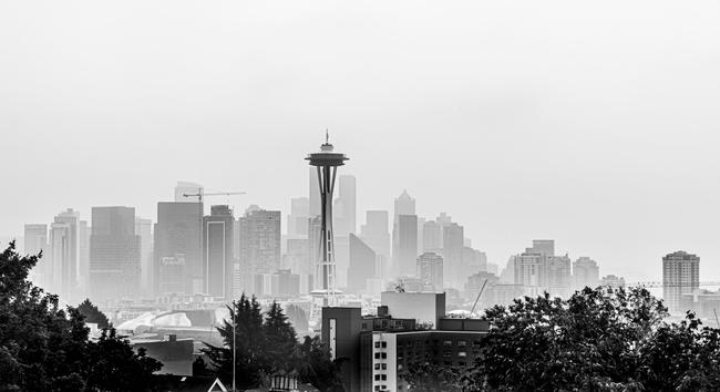 The Seattle skyline in black and white.
