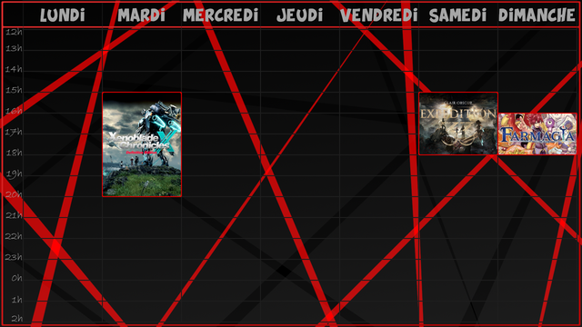 -Mardi, de 15h jusqu'à 20h, on continue l'écrémage de quêtes avant le prochain chapitre de Xenoblade Chronicles X Definitive Edition !
-Samedi, de 15h jusqu'à 18h, on avance toujours plus loin dans Clair Obscur Expédition 33;
-Et Dimanche, de 16h jusqu'à 18h, on fera un peu de Farmagia !
