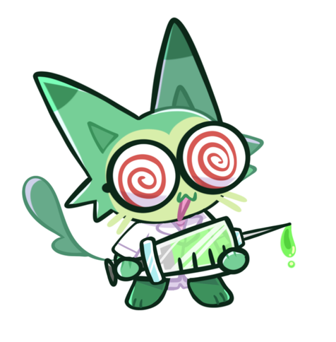 art of my super animal royale OC pokey, a leaf skullcat mad scientist, they are holding up a a huge needle with neon green liquid leaking out of it.