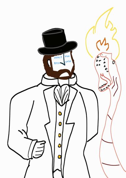 Illustration d'un homme barbu à la carrure imposante. Il fait face avec flegme à un serpent géant auréolé d'une flamme et qui menace de le mordre. 
Le dessin a pour l'instant très peu de couleur et aucun arrière-plan.