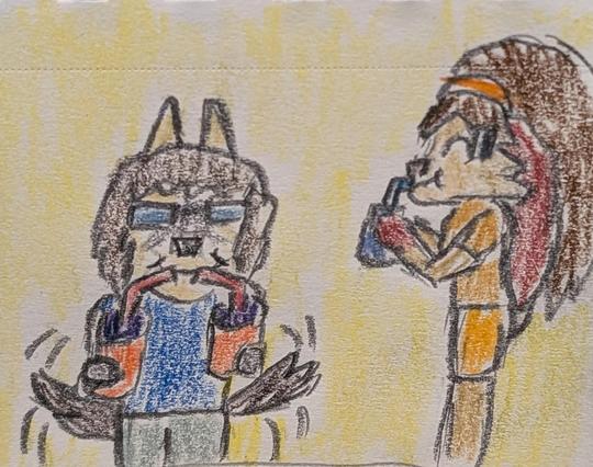 Color pencil drawing of two characters. On the left, Eli Norainu, an anthro dog man, my main OC, smiles and wags his tail as he drinks two smoothies at once. Lop Norausa, a Lepi woman from Star Wars Visions, smiles and drinks her own smoothie.