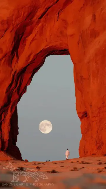 A solitary figure dressed in white walks across a sandy desert floor toward a monumental red sandstone arch in AlUla, Saudi Arabia. A pale full moon rises in perfect alignment within the opening of the arch, contrasting gently against the soft blue sky. The richly textured rock is bathed in warm, golden-red evening light. Sparse desert grasses dot the foreground, emphasizing the scale and quiet majesty of the scene.