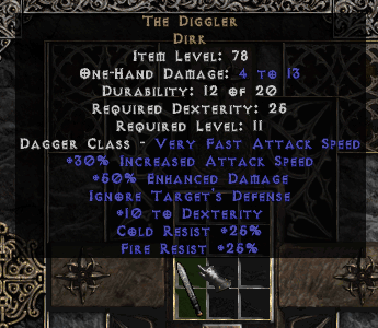 The Diggler, a dirk or type of dagger, in a Horadric Cube in the game Diablo 2.
