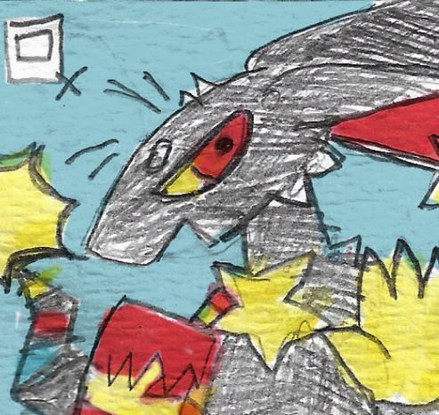 a watercolor piece of a black and technicolor (red yellow blue) colored furry. they are waving with one paw. their head faces left, but their eye looks to the right.