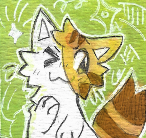 a watercolor drawing of a ginger and white cat. they are playfully winking. the background is green and full of white diamond stars.
