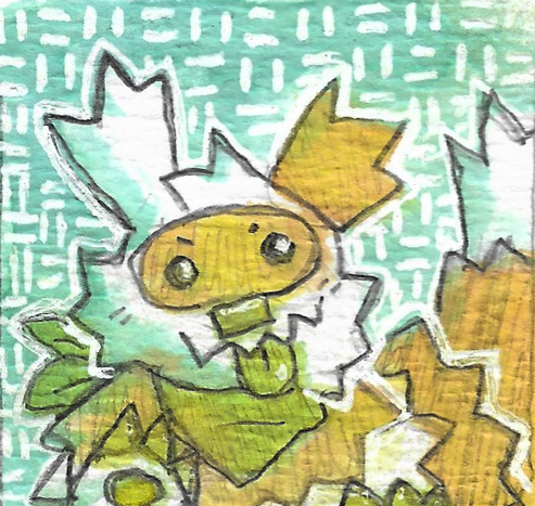 a watercolor drawing of a shiny zigzagoon with a green bandana. the zigzagoon has its tongue out and it is putting one paw against the viewport. the background is teal and has white hatch marks.
