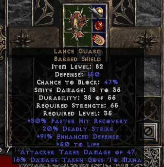 A Lance Guard, a type of barbed shield which is red with spikes, in a Horadric Cube in the game Diablo 2.