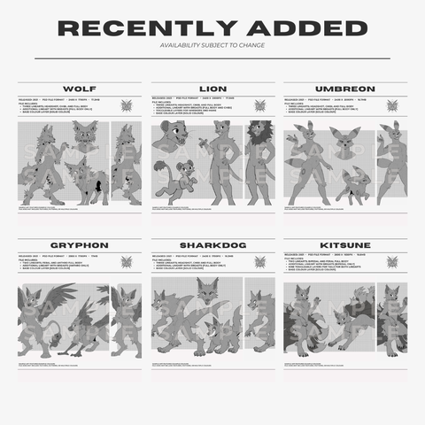 image is a graphic featuring six thumbnails, each featuring a greyscale image of an anthropomorphic animal. the image text reads: "recently added." each thumbnail is labelled their corresponding species: "wolf, lion, umbreon, gryphon, sharkdog, and kitsune."
