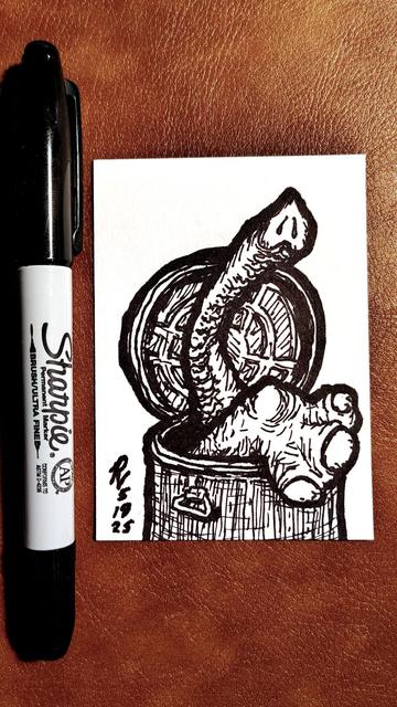 Marker drawing of Oscar the Grouch's pet elephant Fluffy, as seen on "Sesame Street." Fluffy's trunk and one of her feet poke out of Oscar's trash can. The drawing is signed with my "RV" signature glyph and dated 5-19-25. The black marker used to draw the image rests on the table next to the card.
